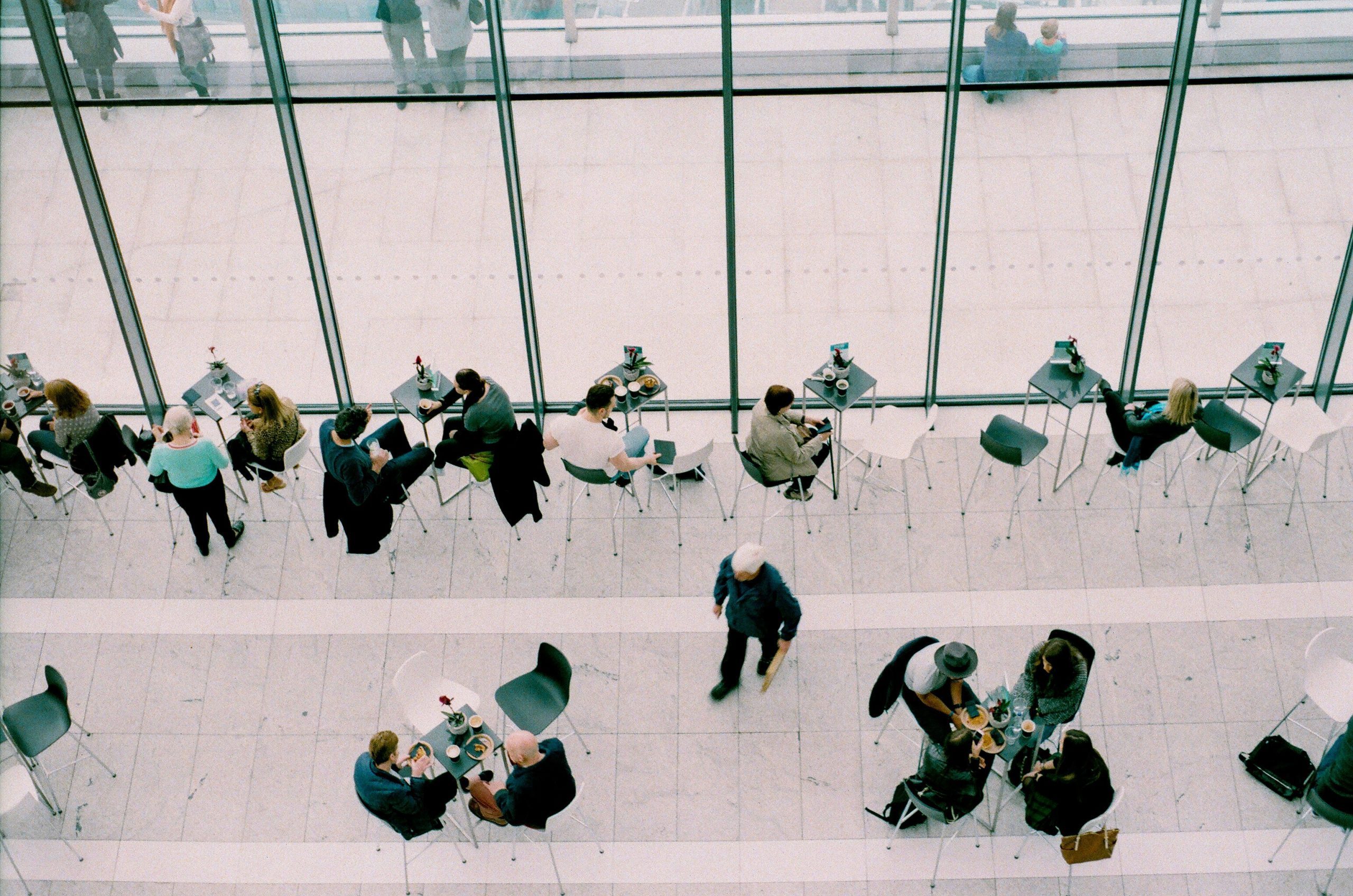 aerial view of people working in an office lobby